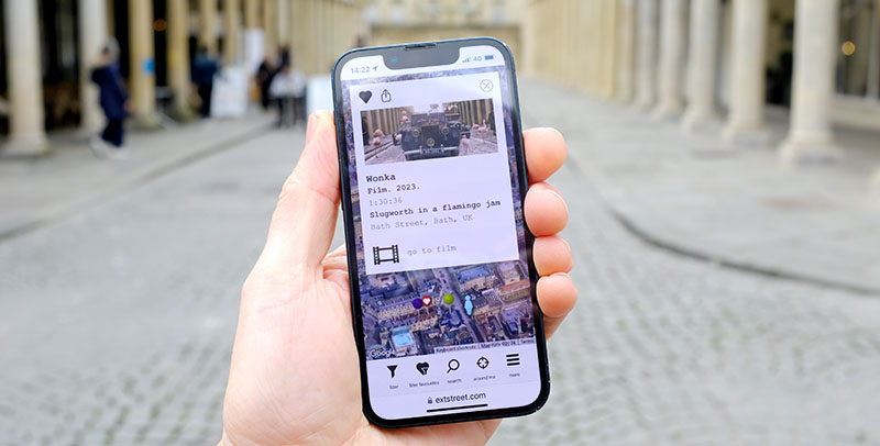 ExtStreet.com being used in central Bath to find a scxene from the film Wonka